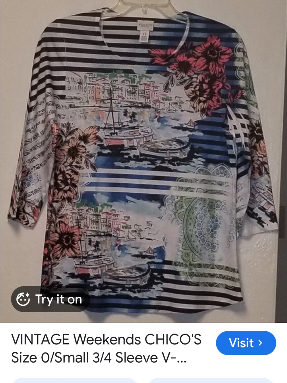 #2822**Weekend Max Mara Striped Floral Nautical Print Top in Blue, Black & Pink
